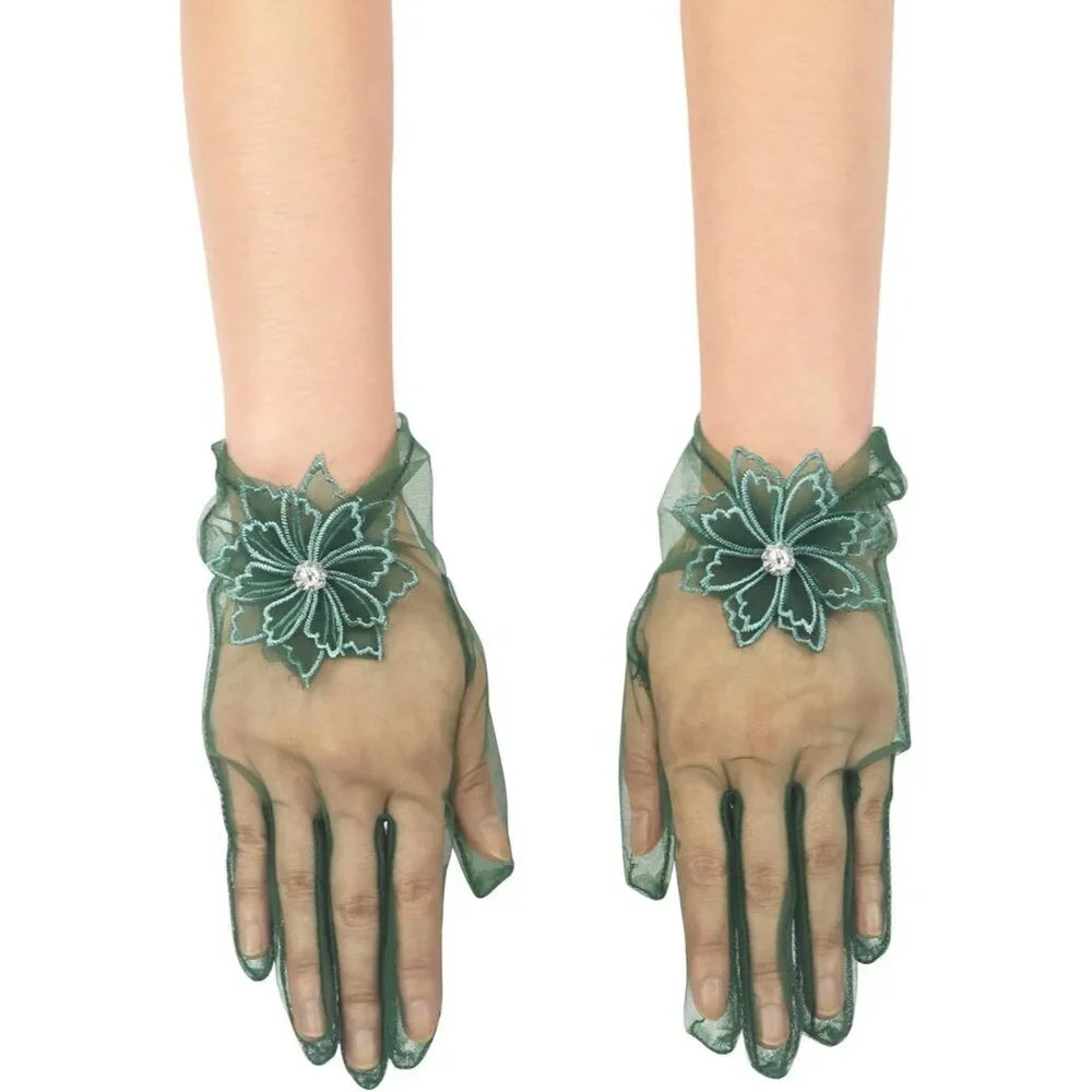 Women's Evening Dark Green Mesh Lace Short Gloves Wedding Bridal Tea Party Prom